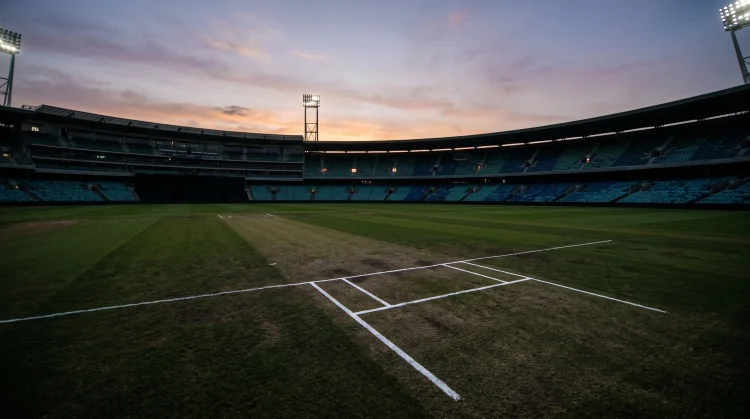 A conceptual view of a cricket pitch at sunset.