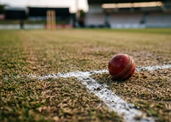 A close-up view of a professional cricket pitch square.