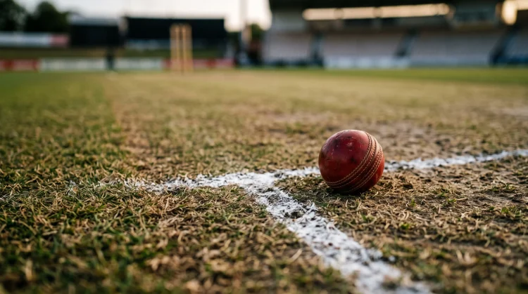 A close-up view of a professional cricket pitch square.