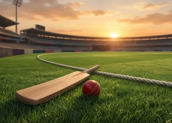 A cricket bat and ball on a pitch, representing a long innings stand.