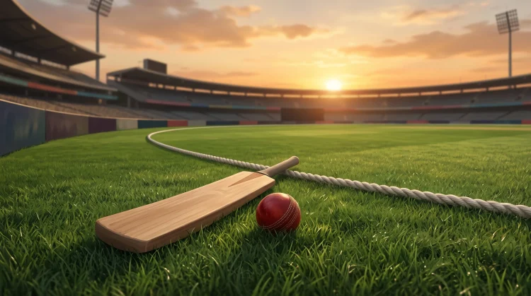 A cricket bat and ball on a pitch, representing a long innings stand.