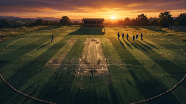 A conceptual view of a cricket field under a setting sun.