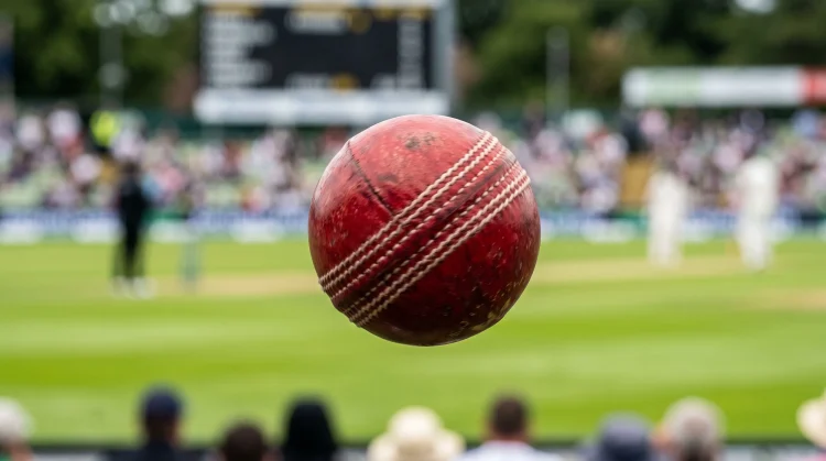 A red cricket ball spinning in the air over a green cricket field.