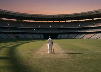 A lone cricket player standing in a large stadium at sunset.