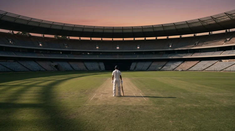 A lone cricket player standing in a large stadium at sunset.