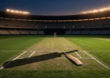 A long shadow of a cricket bat on a green field at twilight.