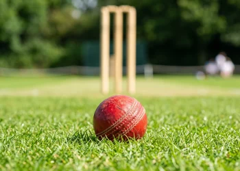 A red cricket ball on a green pitch with stumps in the background.