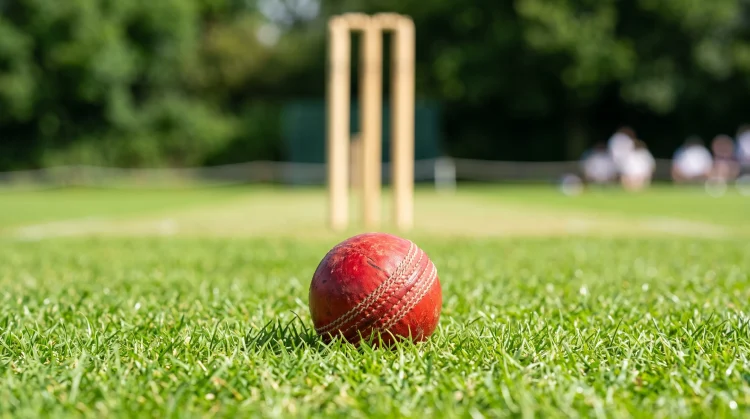 A red cricket ball on a green pitch with stumps in the background.