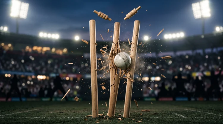 A close-up of a cricket ball hitting the stumps under stadium lights.