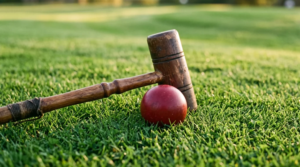 A croquet mallet and ball on a green lawn.