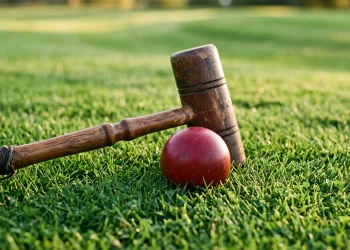 A croquet mallet and ball on a green lawn.