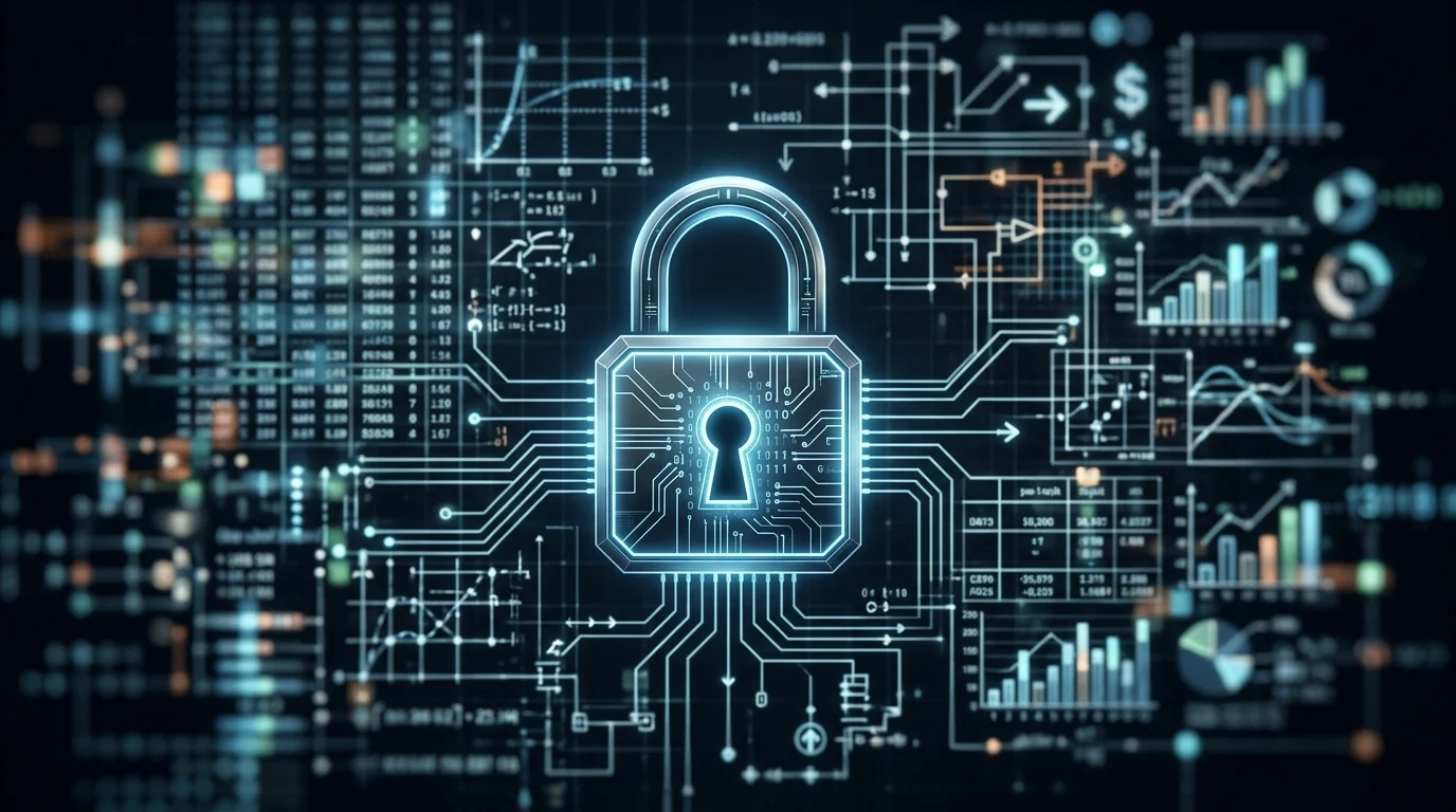 Abstract representation of data security and industrial impact.