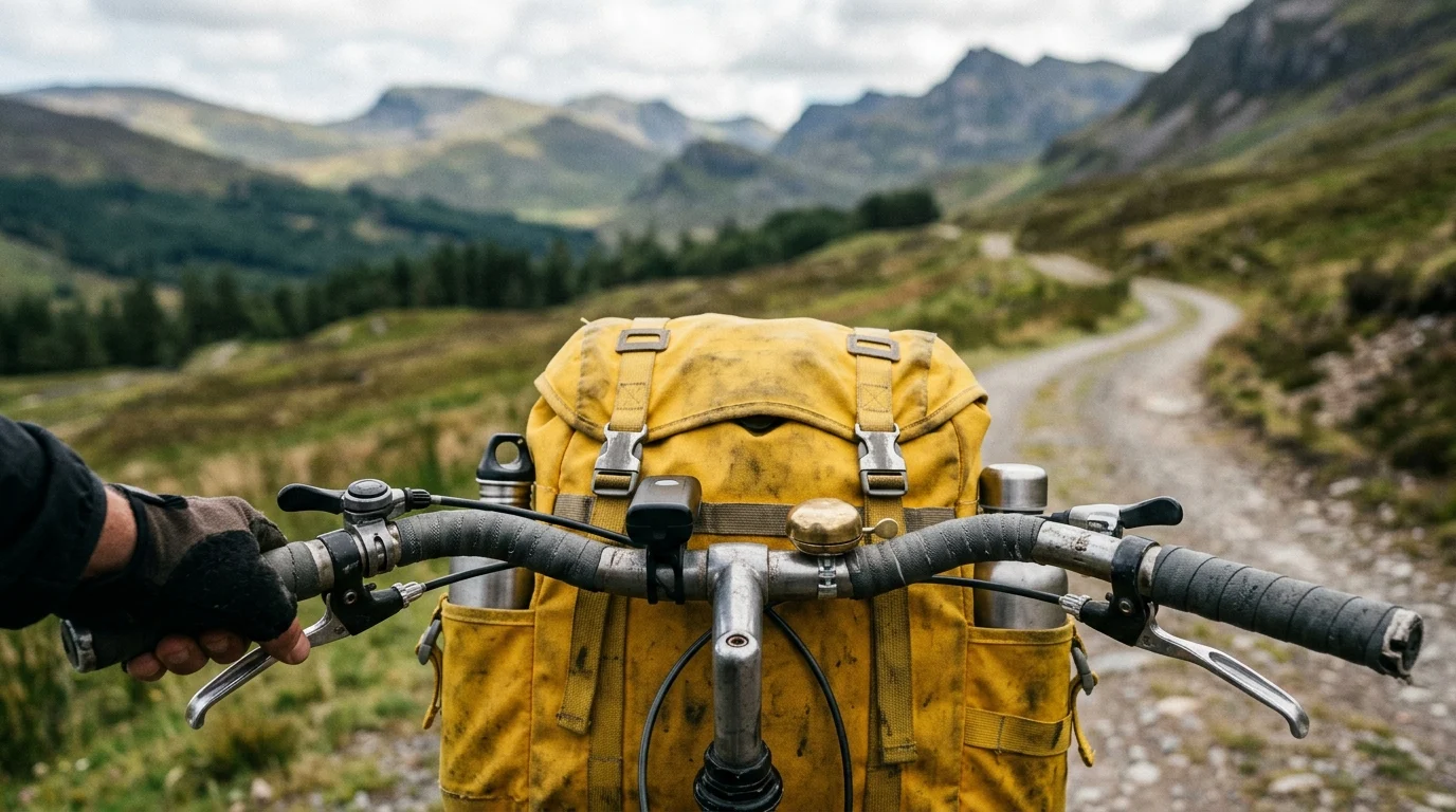 A close-up of bicycle handlebars and a yellow backpack.