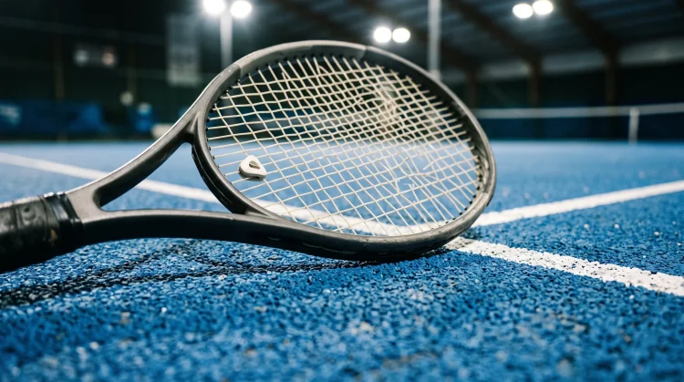 A tennis racket resting on an indoor hard court surface under bright arena lighting.