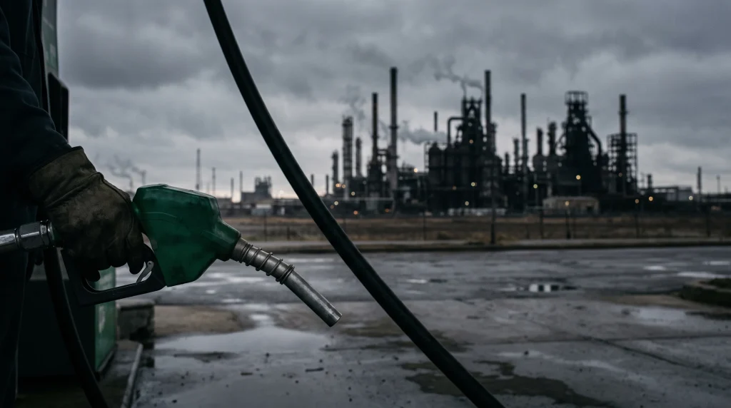 A close-up of a fuel pump nozzle with a refinery in the background.