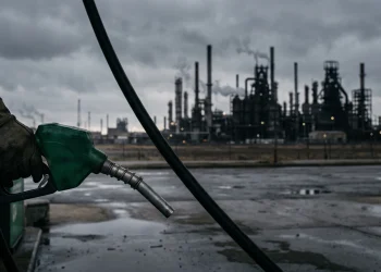 A close-up of a fuel pump nozzle with a refinery in the background.