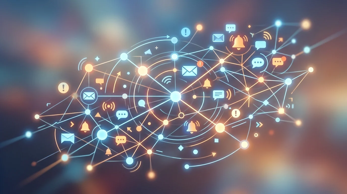 Abstract digital nodes representing communication and notifications.