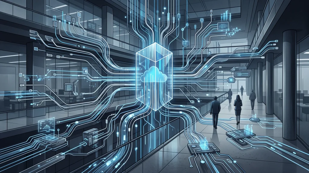 A conceptual digital data network representing modern technology.