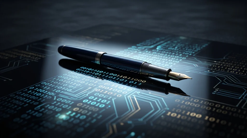A fountain pen on a surface reflecting digital data patterns.
