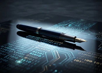 A fountain pen on a surface reflecting digital data patterns.