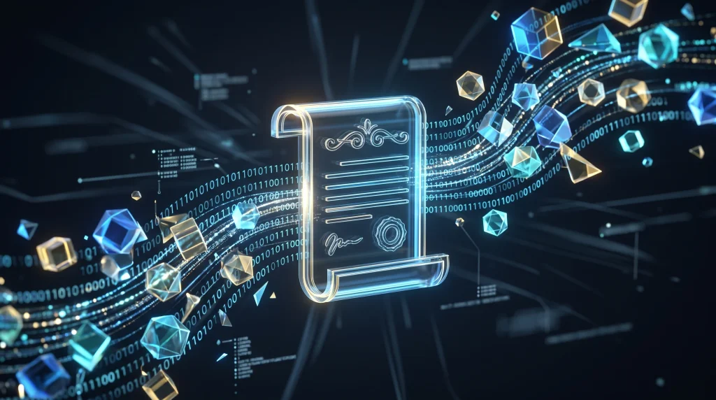A conceptual illustration of digital assets and legal documents.