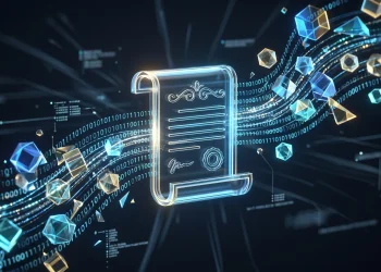 A conceptual illustration of digital assets and legal documents.