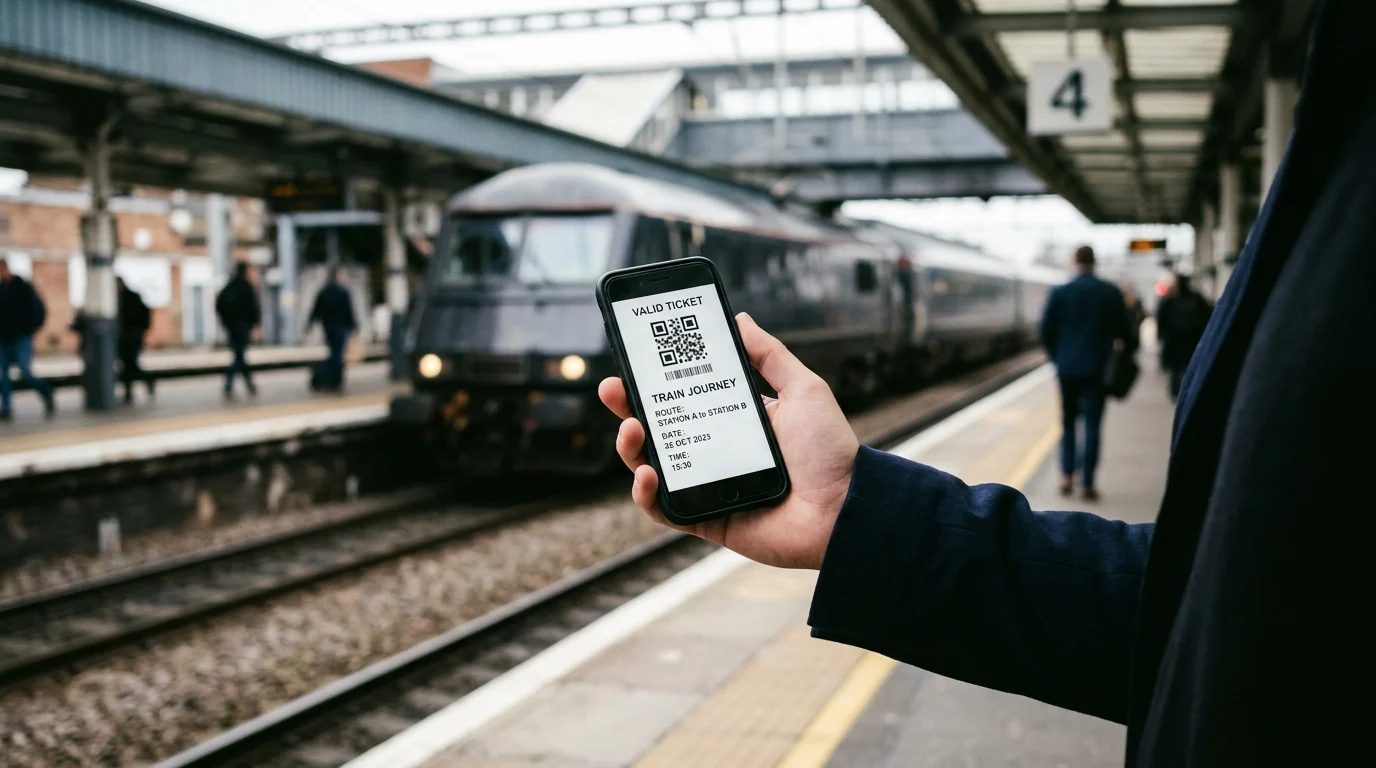 A passenger holding a digital train ticket at a railway station platform.