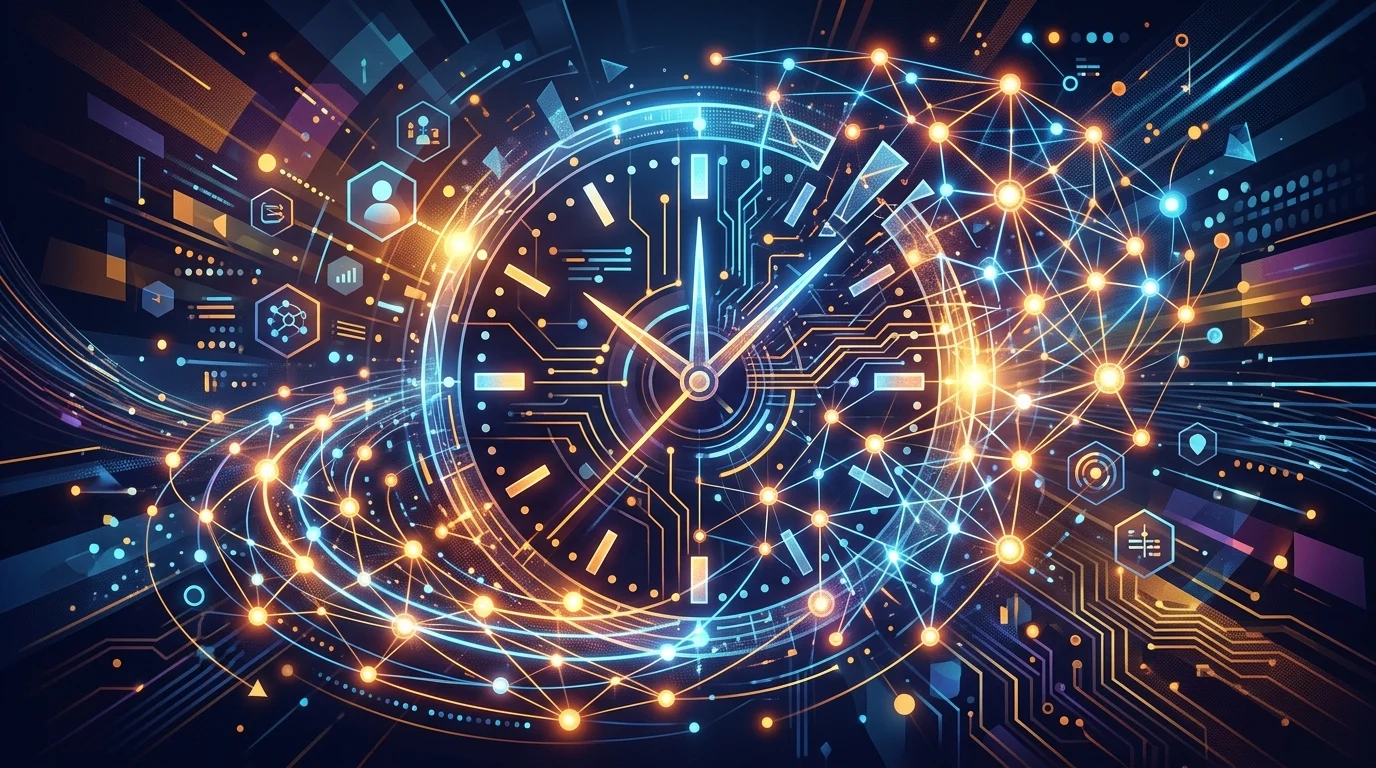 An abstract illustration of a digital clock and network nodes.