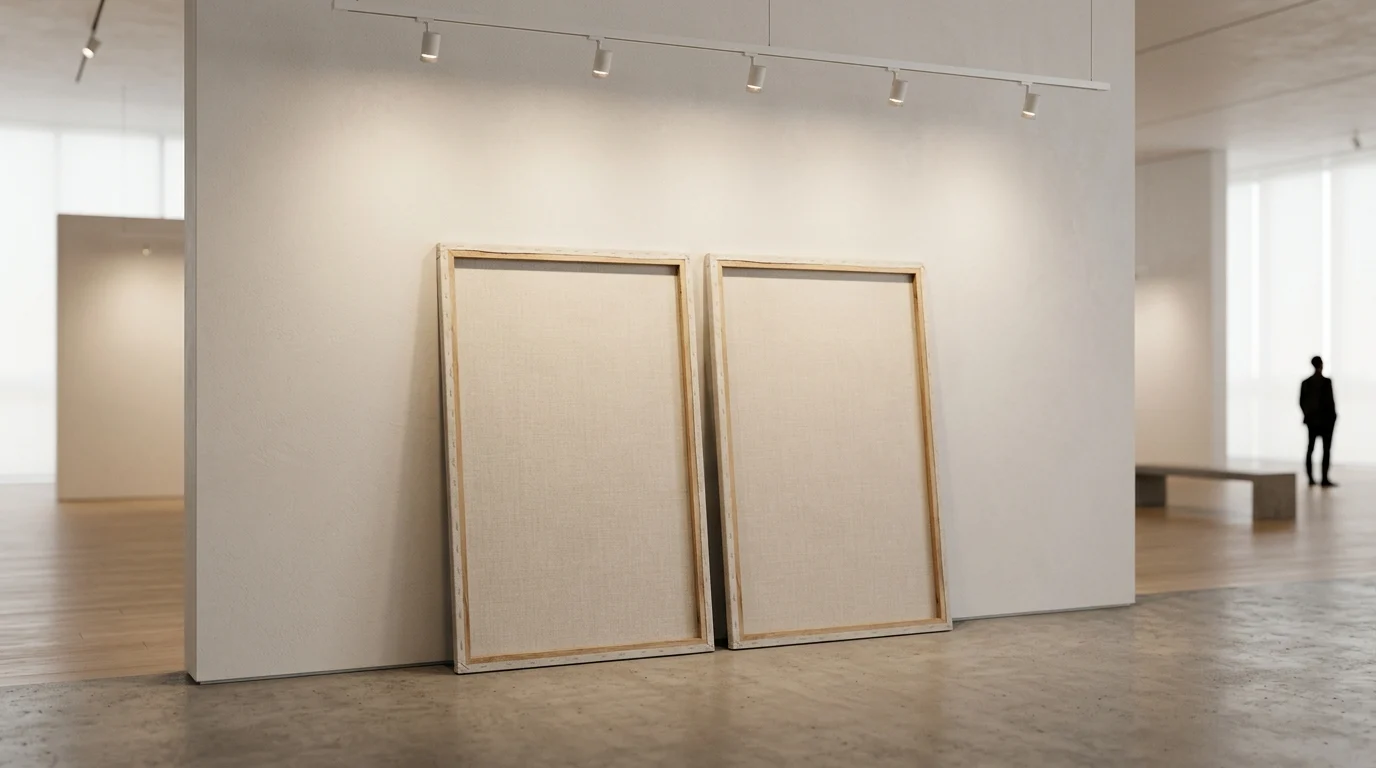 A conceptual image of a two-panel diptych frame in a gallery.