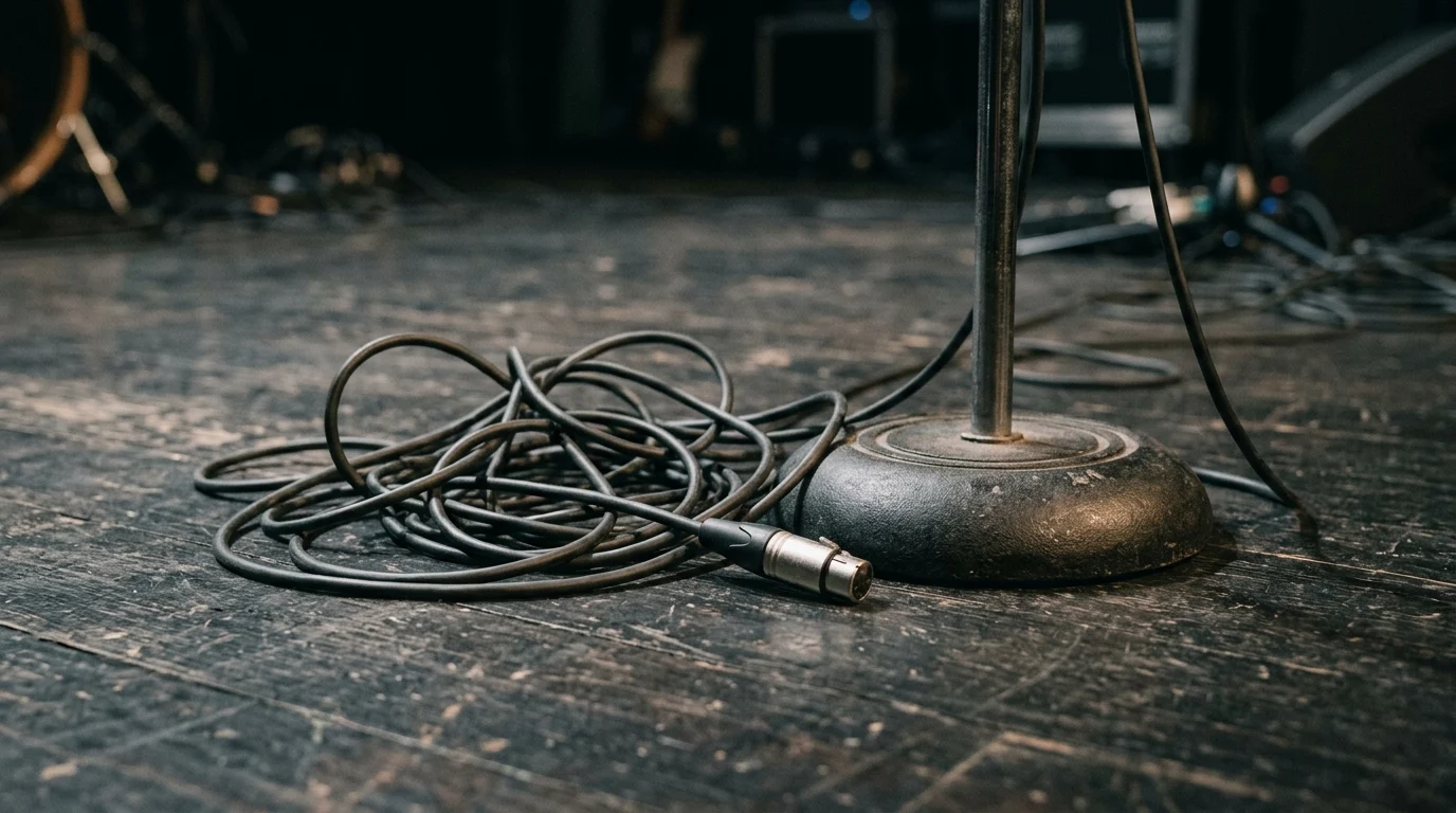 A disconnected microphone cable lying on a dark stage floor.