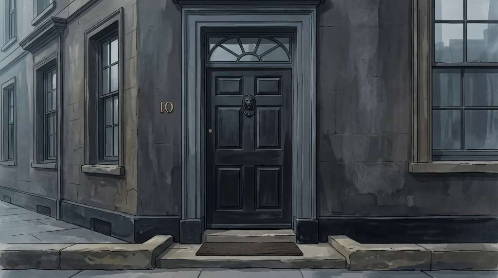 A conceptual illustration of a black front door with a brass knocker.