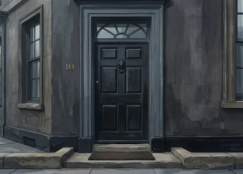 A conceptual illustration of a black front door with a brass knocker.