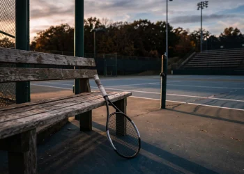 A tennis racket leans against a bench on an empty tennis court in shadows.
