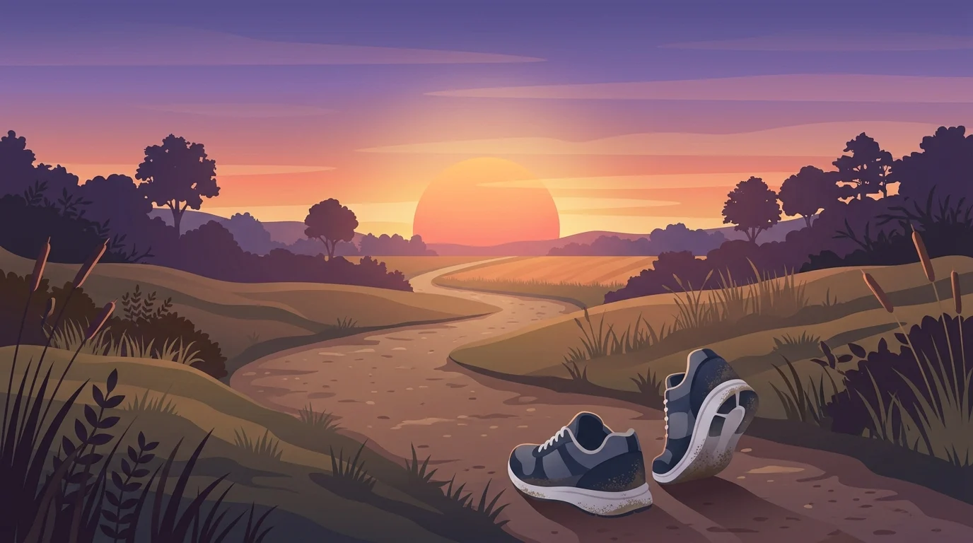 A conceptual illustration of a path at sunset representing a dusk walk.