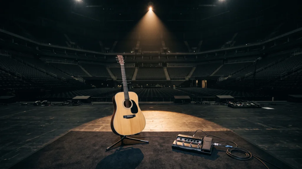 A lone acoustic guitar and loop pedal on a stage under a single spotlight in an arena.
