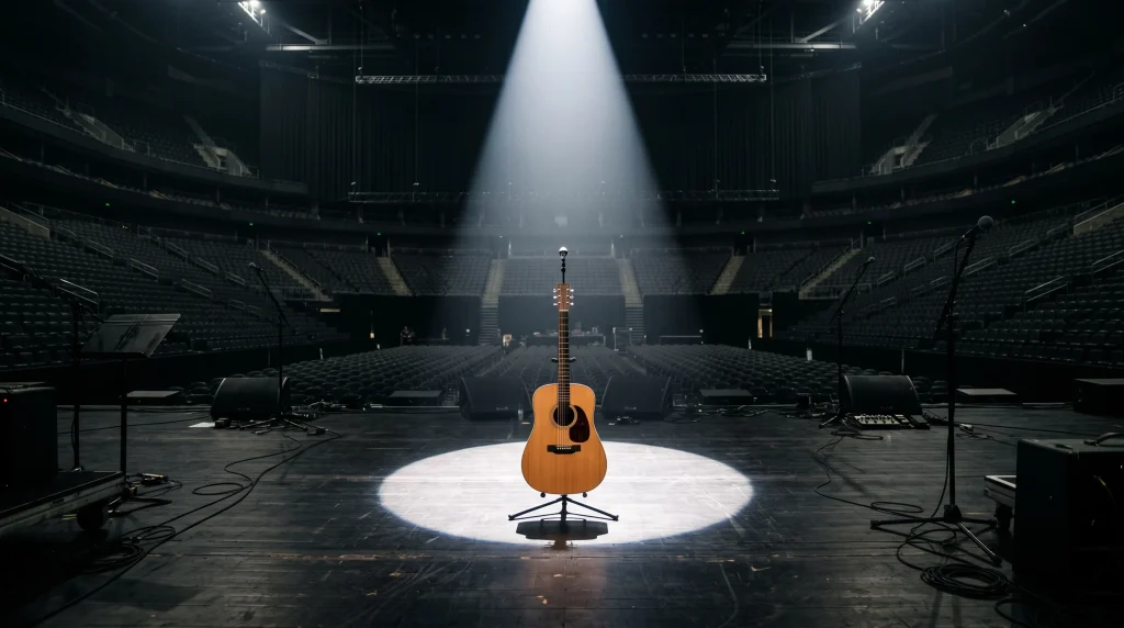 A single guitar under a spotlight on an empty stadium stage