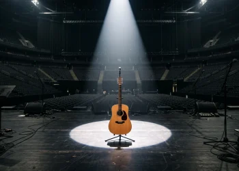 A single guitar under a spotlight on an empty stadium stage