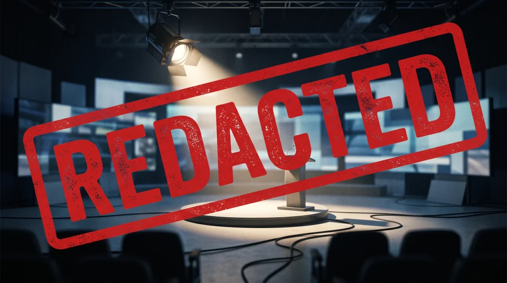 A conceptual image of a television spotlight with a redacted overlay.