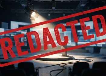 A conceptual image of a television spotlight with a redacted overlay.