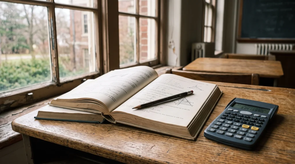 A school desk with textbooks and a calculator