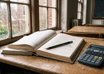 A school desk with textbooks and a calculator