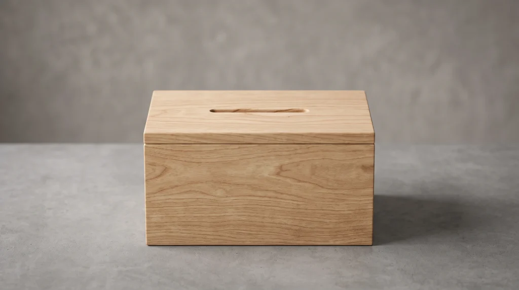 A minimalist wooden ballot box on a neutral background.