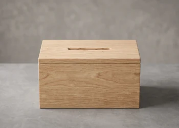 A minimalist wooden ballot box on a neutral background.