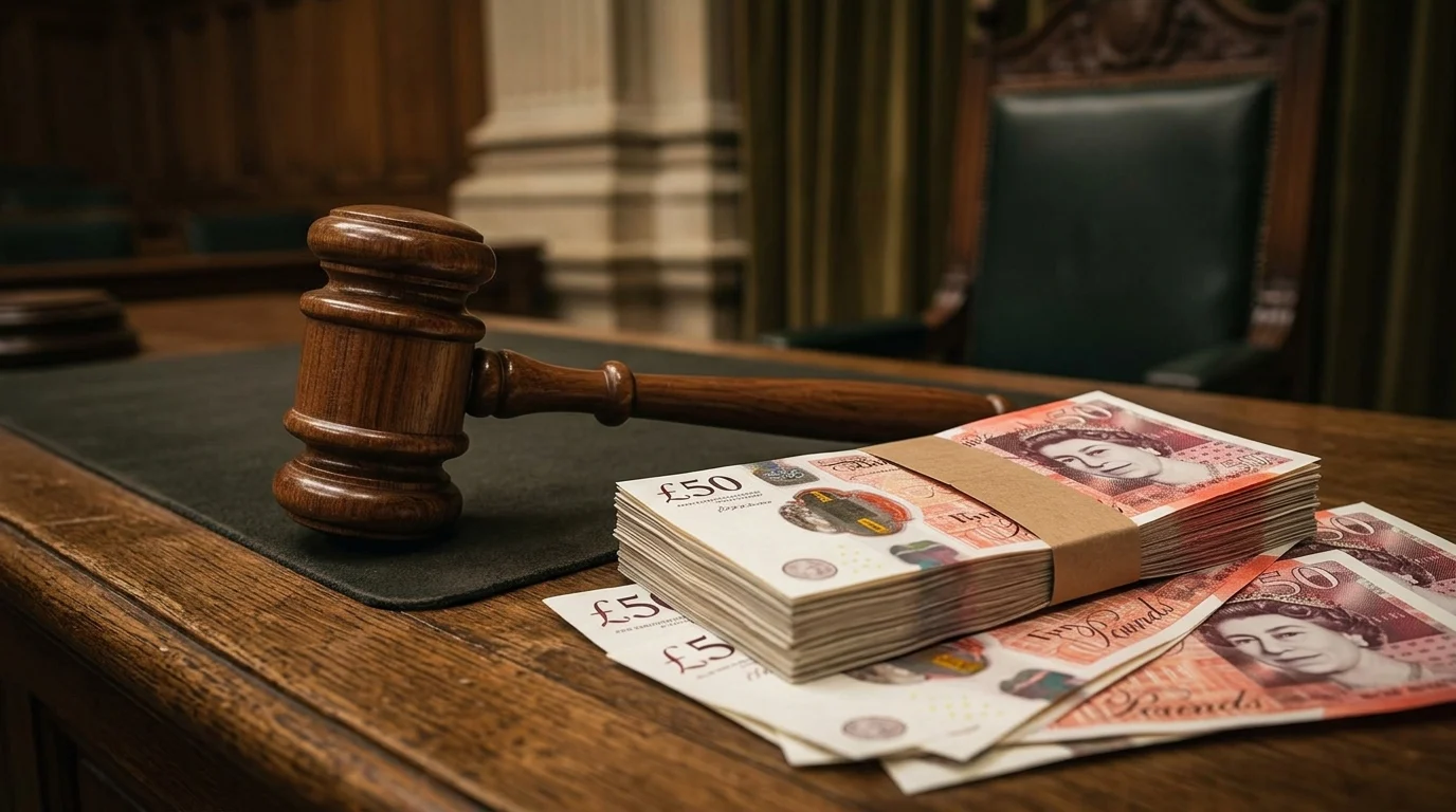 A gavel and British banknotes representing political legislation.