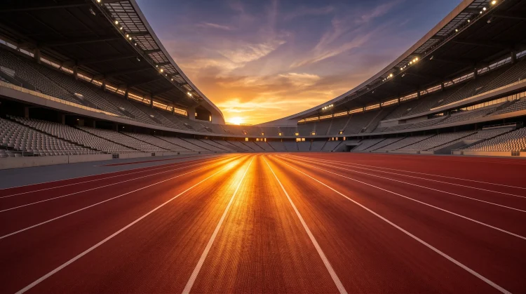A professional athletic track inside a modern stadium at sunset.