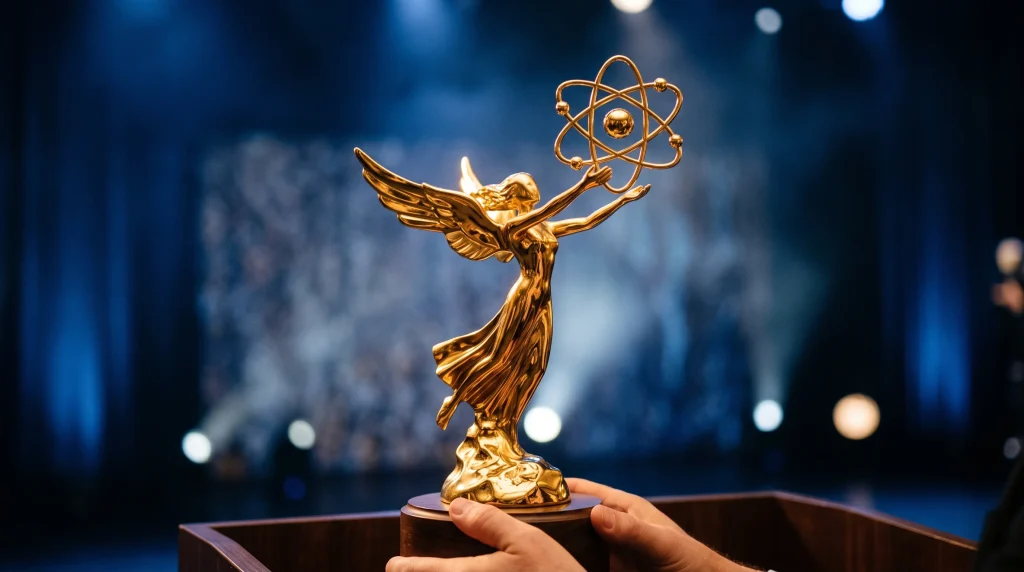 A close-up of an Emmy statuette against a blue light background