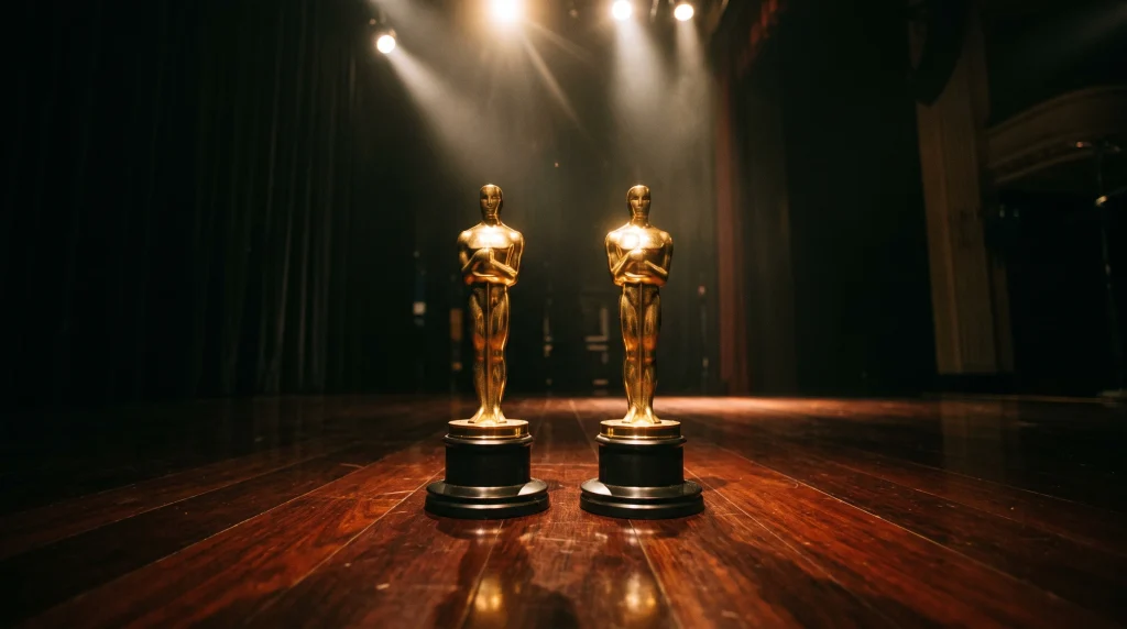 Two gold award trophies standing on a stage under spotlights.