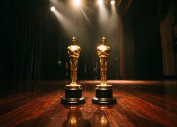 Two gold award trophies standing on a stage under spotlights.