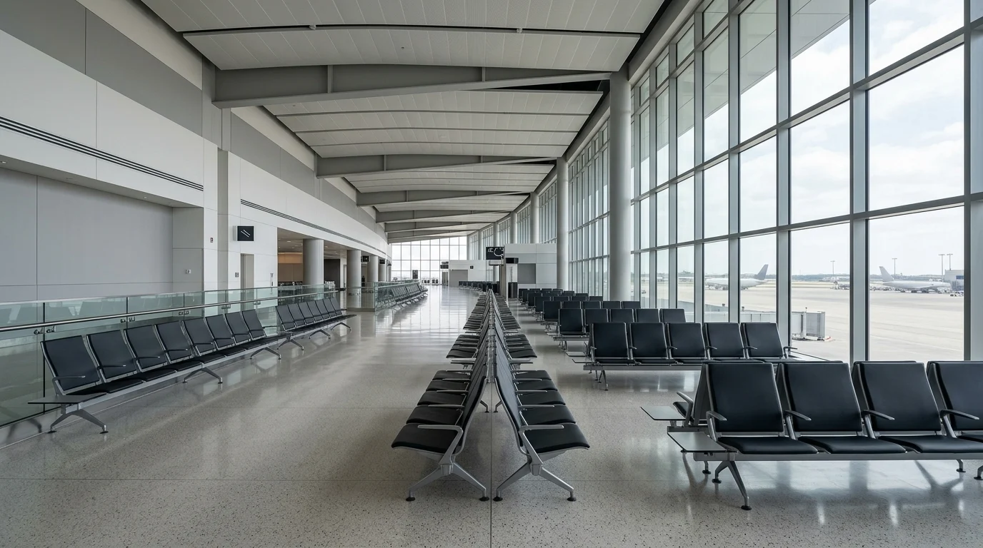 A minimalist view of an airport terminal interior.