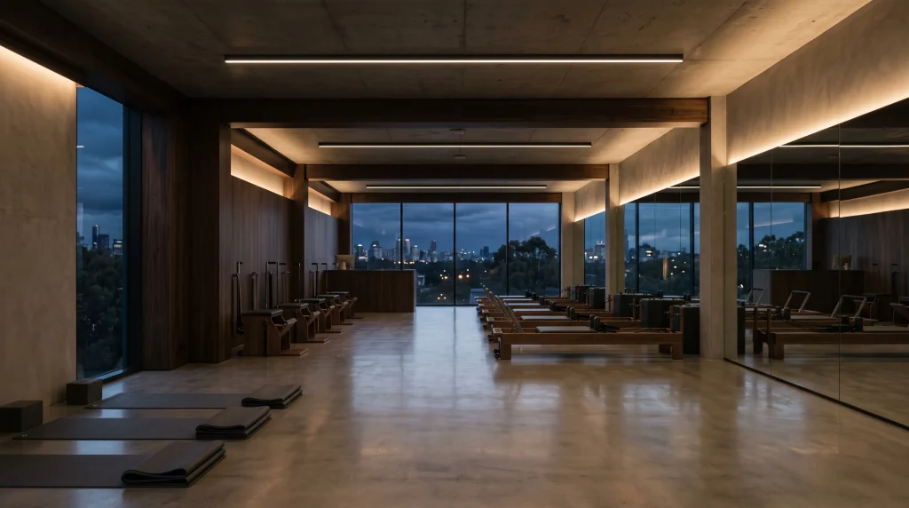 An empty contemporary fitness studio with dimmed lighting.